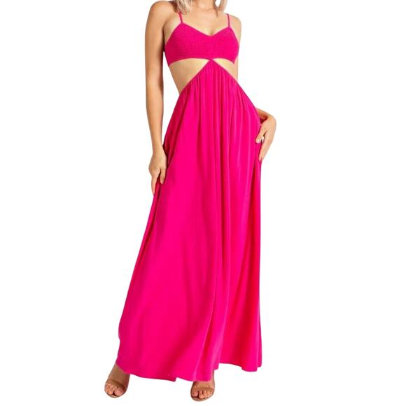 NWT Edit By Nine Cutout Maxi Dress Pink Linen Blend Smocked Bodice Size Medium - Picture 1 of 5